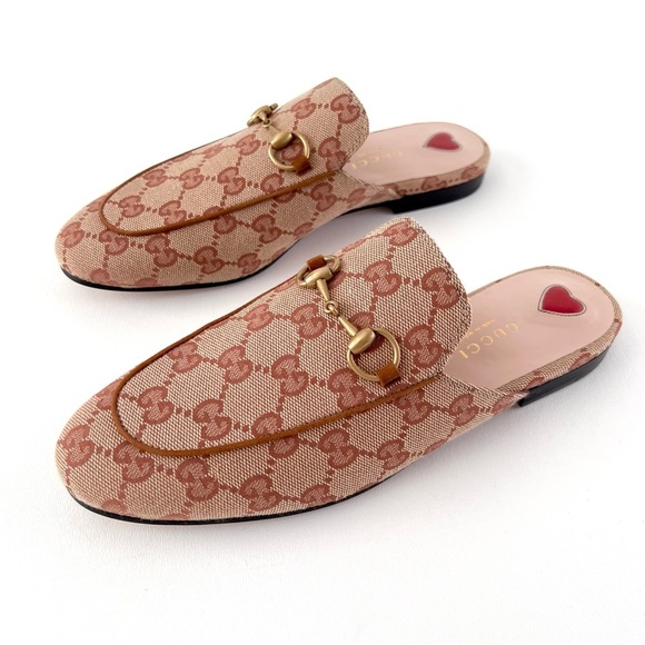 GUCCI || Princetown Horsebit Tan Beige GG Monogram Logo Flats Mules Slippers 7 - Picture 1 of 11